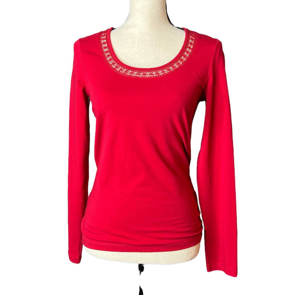 Jones New York Blouse in Red with Crochet Trim Around Neckline Size Small - Picture 1 of 5